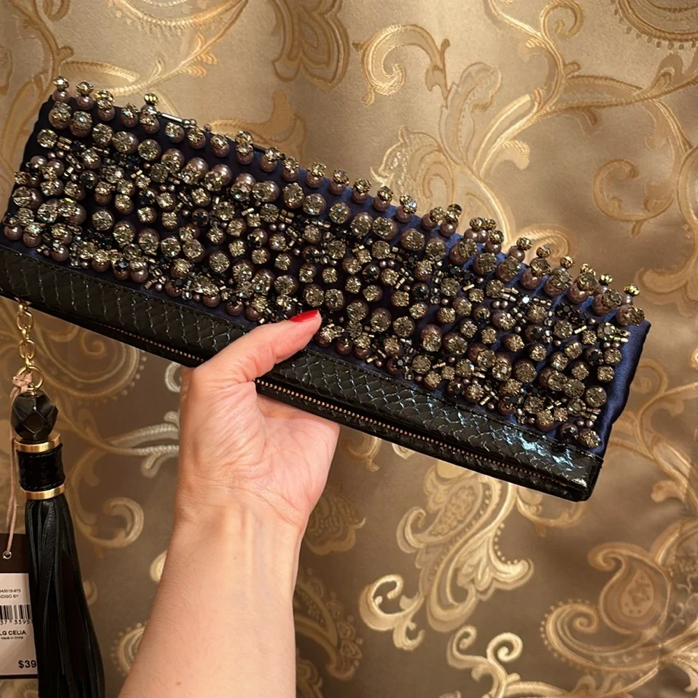 Rafe New York LG GELIA blue satin leather trimmed embellished studded clutch